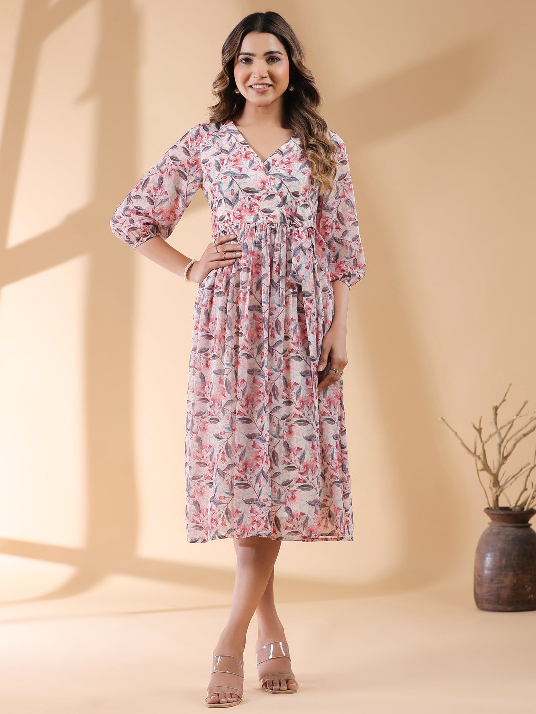 Women's Cream Georgette Floral Printed Wrap Dress