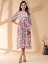 Women's Cream Georgette Floral Printed Wrap Dress