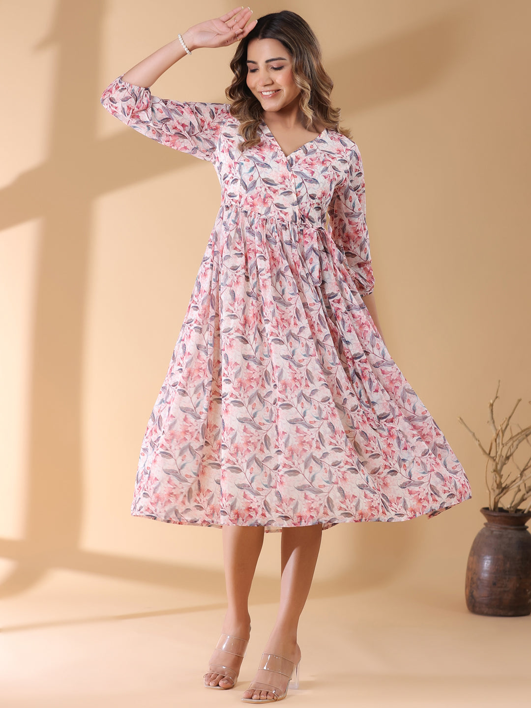 Women's Cream Georgette Floral Printed Wrap Dress