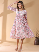 Women's Cream Georgette Floral Printed Wrap Dress
