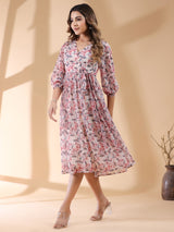 Women's Cream Georgette Floral Printed Wrap Dress
