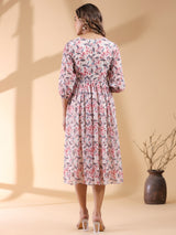 Women's Cream Georgette Floral Printed Wrap Dress