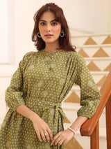 Women's Olive Green Pure Cotton Floral Printed A-line Dress