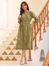 Women's Olive Green Pure Cotton Floral Printed A-line Dress
