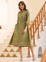 Women's Olive Green Pure Cotton Floral Printed A-line Dress