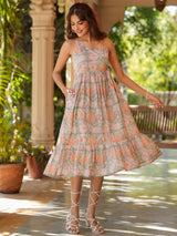 Women's Light Green Pure Cotton Floral Printed Tiered Dress