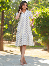 Women's Off White Cotton Floral Printed A-line Shirt Dress