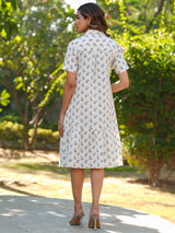 Women's Off White Cotton Floral Printed A-line Shirt Dress
