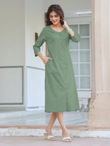 Women's Green Cotton Solid Straight Dress