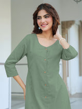 Women's Green Cotton Solid Straight Dress