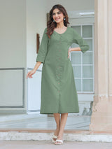 Women's Green Cotton Solid Straight Dress