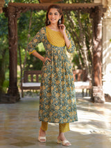 Women's Bottle Green Pure Cotton Floral Printed A-line Kurta Pant Set