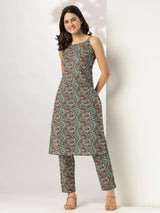 Women's Multicolor Pure Cotton Ethnic Motifs Printed Straight Kurta Pant Set