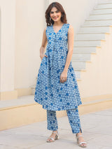 Women's Blue Pure Cotton Floral Printed A-line Kurta Set