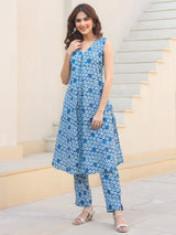 Women's Blue Pure Cotton Floral Printed A-line Kurta Set