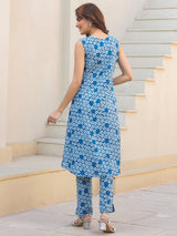 Women's Blue Pure Cotton Floral Printed A-line Kurta Set