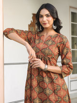 Women's Brown Pure Cotton Ethnic Motifs Printed A-line Kurta Pant Set