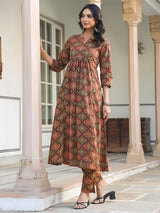 Women's Brown Pure Cotton Ethnic Motifs Printed A-line Kurta Pant Set