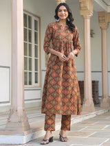 Women's Brown Pure Cotton Ethnic Motifs Printed A-line Kurta Pant Set