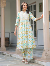 Women's White Pure Cotton Embroidered Abstract A-line Kurta Pant Set