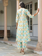 Women's White Pure Cotton Embroidered Abstract A-line Kurta Pant Set