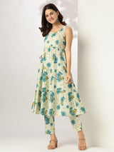 Women's Mint Green Pure Cotton Floral Printed Tiered Kurta With Pant Set