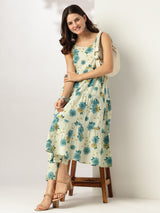 Women's Mint Green Pure Cotton Floral Printed Tiered Kurta With Pant Set