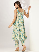 Women's Mint Green Pure Cotton Floral Printed Tiered Kurta With Pant Set