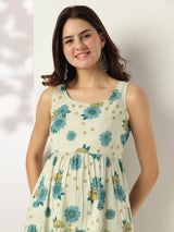 Women's Mint Green Pure Cotton Floral Printed Tiered Kurta With Pant Set