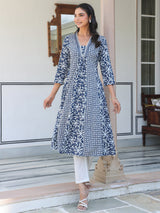 Women's Navy Blue Pure Cotton Yoke Embroidery Floral A-line Kurta