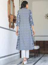 Women's Navy Blue Pure Cotton Yoke Embroidery Floral A-line Kurta