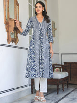 Women's Navy Blue Pure Cotton Yoke Embroidery Floral A-line Kurta