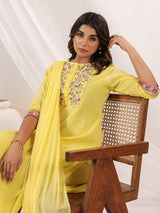 Women's Yellow Dobby Pure Cotton Embroidered Straight Kurta Set With Dupatta
