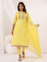 Women's Yellow Dobby Pure Cotton Embroidered Straight Kurta Set With Dupatta