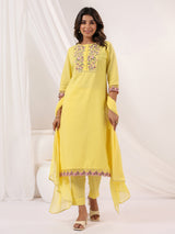 Women's Yellow Dobby Pure Cotton Embroidered Straight Kurta Set With Dupatta