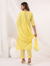 Women's Yellow Dobby Pure Cotton Embroidered Straight Kurta Set With Dupatta