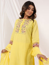 Women's Yellow Dobby Pure Cotton Embroidered Straight Kurta Set With Dupatta
