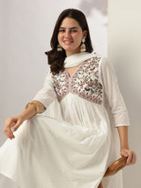 Women's White Dobby Pure Cotton Embroidered A-line Kurta Set With Dupatta