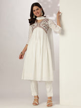 Women's White Dobby Pure Cotton Embroidered A-line Kurta Set With Dupatta