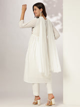 Women's White Dobby Pure Cotton Embroidered A-line Kurta Set With Dupatta