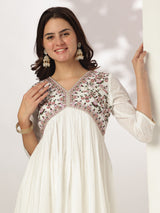 Women's White Dobby Pure Cotton Embroidered A-line Kurta Set With Dupatta