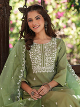 Women's Sage Green Silk Blend Embroidered Straight Kurta Set With Dupatta