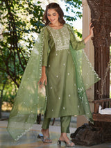 Women's Sage Green Silk Blend Embroidered Straight Kurta Set With Dupatta