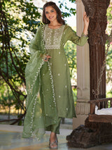 Women's Sage Green Silk Blend Embroidered Straight Kurta Set With Dupatta