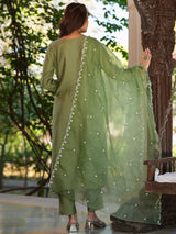 Women's Sage Green Silk Blend Embroidered Straight Kurta Set With Dupatta