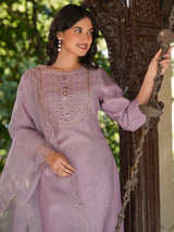 Women's Lavender Silk Blend Embroidered Straight Kurta Set With Dupatta
