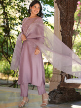 Women's Lavender Silk Blend Embroidered Straight Kurta Set With Dupatta