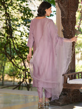 Women's Lavender Silk Blend Embroidered Straight Kurta Set With Dupatta