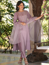 Women's Lavender Silk Blend Embroidered Straight Kurta Set With Dupatta