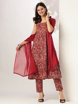 Women's Maroon Pure Cotton Floral Printed Tiered Kurta Set